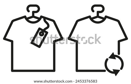 Set of icon Tshirt on the hanger with label and with second hand icon on white background. Editable stroke. Clothes hanger. New clothing icon. Second hand clothing icon . Vector graphics
