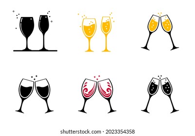 Stellen Sie das Symbol ein. Zwei Gläser Wein oder Alkohol. Brillen klammern sich zusammen. Herzlichen Glückwunsch zueinander. Weinrotes Symbol einzeln auf weißem Hintergrund. Vektorgrafik.