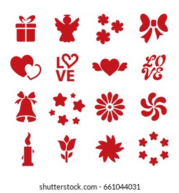 Set of icon of Valentine's day stencils. Vector collection of template. Silhouettes of heart, angel, love, star, gift, candle, hat, flower. Laser cutting, wood carving sample. 