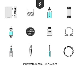 Set icon for Vapor bar and vape shop, electronic cigarette, no smoke. Line modern Flat design icon vector illustration set for your web design