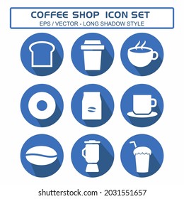Set Icon Vector of Coffee Shop - Long Shadow Style - Simple illustration, Editable stroke, Design template vector, Good for prints, posters, advertisements, announcements, info graphics, etc.