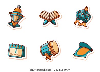 Set Icon Vector Cute Blue Bedug, Ketupat, Calendar, Lantern, Sajadah, Al-qur'an. with cartoon design style isolated. Suitable to Use for Ramadhan, Eid mubarak, or Islamic Event.