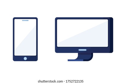 Set icon vector illustration, computer and phone template. Blank screen. Technology, communication, internet, app, web. Blue. Eps 10 