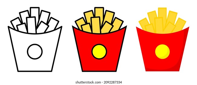 Set icon vector Illustration of french fries on a red pack. Outline and full color. Icon, Logo, eps 10. Potato.