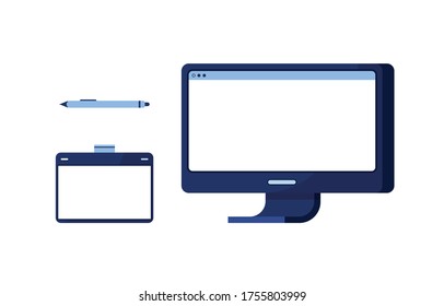 Set icon vector illustration pc computer with graphic tablet and brush for drawing. Set for creativity. Painting, drawing. Blue. On white background. Eps 10