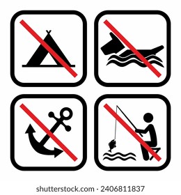 Set icon, vector symbols, group crossed signs, Prohibition of camping, bathing dogs, anchoring boats, fishing on beach.