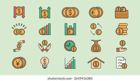 Defina o vetor de ícone vários ícones de dinheiro e moeda financeira adequados para blogs financeiros, sites de investimento, aplicativos bancários e materiais educacionais.