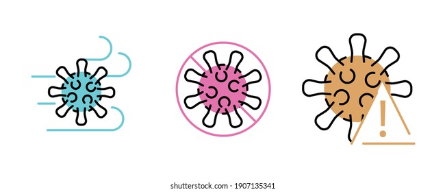 A set icon of viruses drawn in 3 different thicknesses. Flu and coronavirus icon set. The coronavirus outbreak. Pandemic coronavirus icon set concept. Colorful art line. 