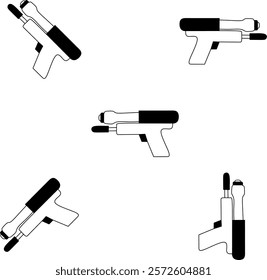 Set icon water guns design, with various design shapes, with a hand drawn black outline style of toys
