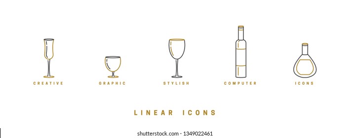 set icon wine glasses and bottle in linear style