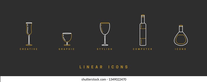 set icon wine glasses and bottle in linear style