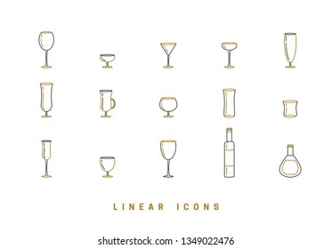 set icon wine glasses and bottle in linear style.