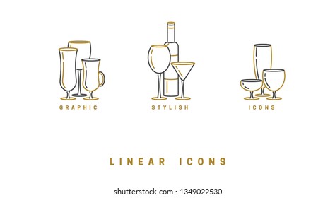 set icon wine glasses and bottle in linear style
