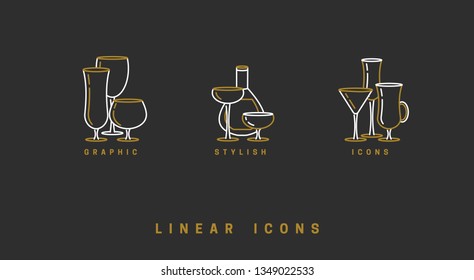 set icon wine glasses and bottle in linear style