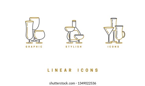 set icon wine glasses and bottle in linear style