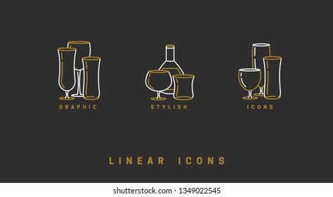 set icon wine glasses and bottle in linear style