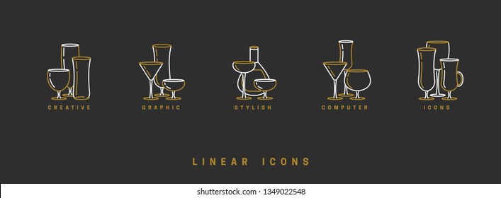 set icon wine glasses and bottle in linear style