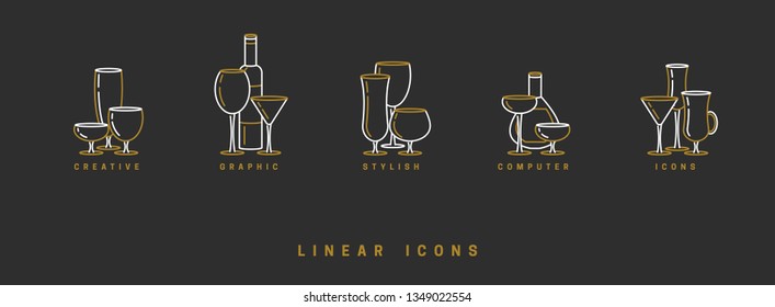set icon wine glasses and bottle in linear style