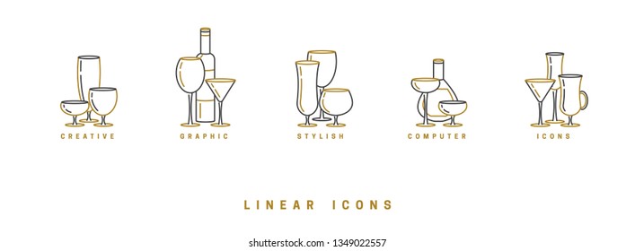 set icon wine glasses and bottle in linear style