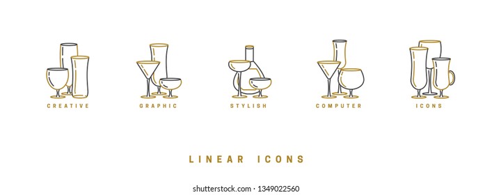 set icon wine glasses and bottle in linear style