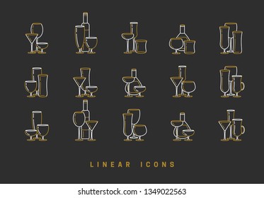 set icon wine glasses and bottle in linear style