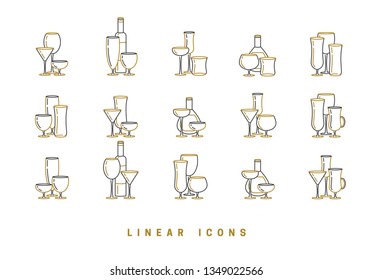 set icon wine glasses and bottle in linear style