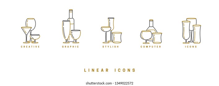 set icon wine glasses and bottle in linear style