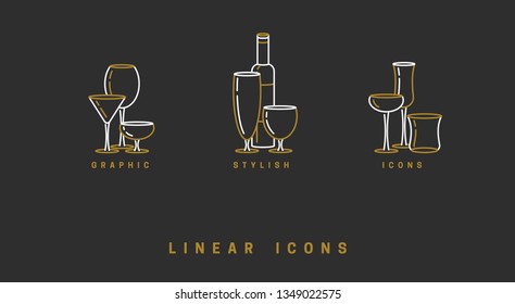 set icon wine glasses and bottle in linear style