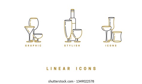 set icon wine glasses and bottle in linear style