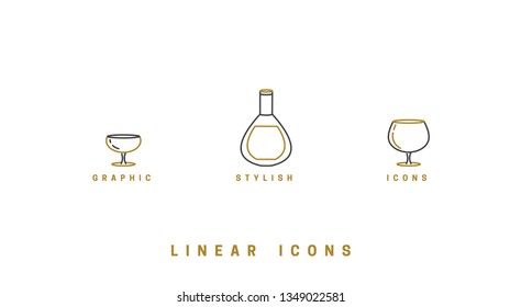 set icon wine glasses and bottle in linear style