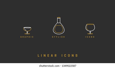 set icon wine glasses and bottle in linear style