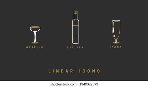 set icon wine glasses and bottle in linear style