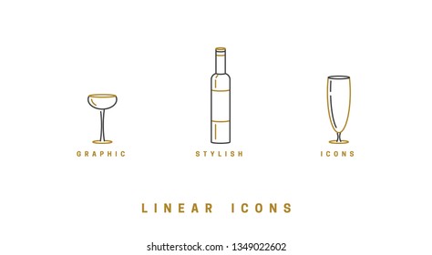 set icon wine glasses and bottle in linear style
