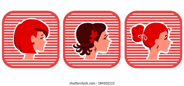 Set of icon with woman's profiles. Red colors, vector