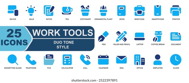 conjunto de ícone trabalho tools.duo tom style.contains documento,papel,lupa,pesquisa,telefone,arquivo,calculadora,calcular,chamada,calendário,data,correio,carta,envelope,escritório,edifício,funcionário,usuário,relógio.