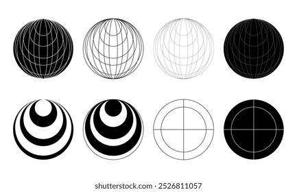 Symbol World Globus Gitter in Kreisform setzen. Lineare gestreifte Kugeln, Breiten- und Längenraster. Retro futuristische Design-Elemente. Vektorgrafik