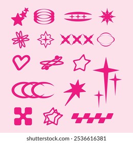 Set of icon y2k brutalism geometric shapes in pink Purple color. Retro futuristic abstract cliparts for poster, collage design vector illustration