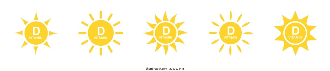 Conjunto de íconos con vitamina D amarilla sobre fondo blanco. Sol y vitamina D. Vector 10 EPS.