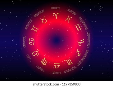 Set icon of zodiac, golden astrological signs, gold image of horoscope. Horoscope zodiac signs. Astrology symbols set. Red night sky and stars,  blue night sky background, vector illustration