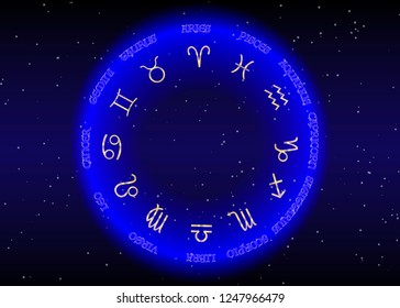 Set icon of zodiac, golden astrological signs, gold image of horoscope. Horoscope zodiac signs. Astrology symbols set. Blue night sky and stars,  blue night sky background, vector illustration