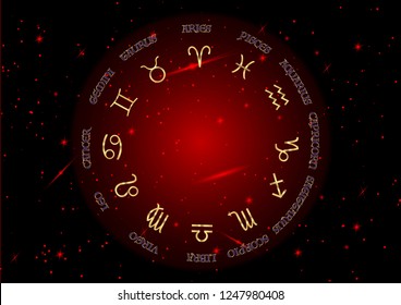 Set icon of zodiac, golden astrological signs, gold image of horoscope. Horoscope zodiac signs. Astrology symbols set. Red night sky and stars,  blue night sky background, vector illustration