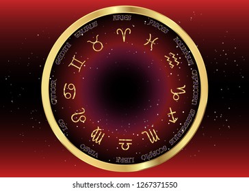 Set icon of zodiac, golden astrological signs, gold image of horoscope. Horoscope zodiac signs. Astrology symbols set. Dark Red night sky and stars,  black night sky background, vector illustration