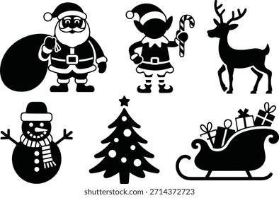 Conjunto de figuras icônicas de Natal e itens como o Papai Noel, um elfo, rena, boneco de neve, árvore e trenó, renderizados em silhuetas pretas.