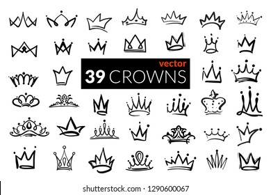 Set of iconic hand drawn crowns. Luxury collection of inky black outline symbols of leadership, success, power and riches or wealth. Isolated elements for branding and identity.