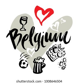 Set with iconic symbols in calligraphic style of the Belgium on the background of hearts, Belgian waffles, football, beer mug, candy. Calligraphy Belgium, vector. Travel to Belgium.