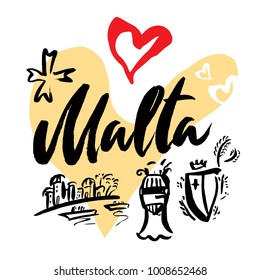 Set with iconic symbols in calligraphic style of the Malta on the background of hearts, Maltese cross, knight helmet, knight's shield. Calligraphy Malta, vector. Travel to Malta.