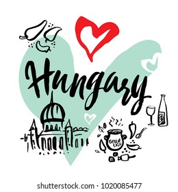 Set with iconic symbols in calligraphic style of the Hungary on the background of hearts, goulash, pepper, wine, temple. Calligraphy Hungary, vector. Travel to Hungary.