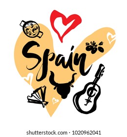 Set with iconic symbols in calligraphic style of the Spain on the background of hearts, guitar, bull head, bull, fan, paella, olives. Calligraphy Spain, vector. Travel to Spain.