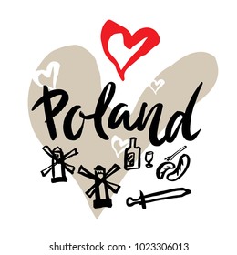 
Set with iconic symbols in calligraphic style of the Poland, windmills, wine, sausages, sword. Calligraphy Poland, vector.
