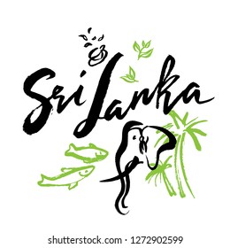 Set with iconic symbols in calligraphic style of the Sri Lanka. Calligraphy Sri Lanka, vector. Hand-drawn graphics: elefant, fish,  cup of tea. The inscription calligraphy Sri Lanka on the big heart